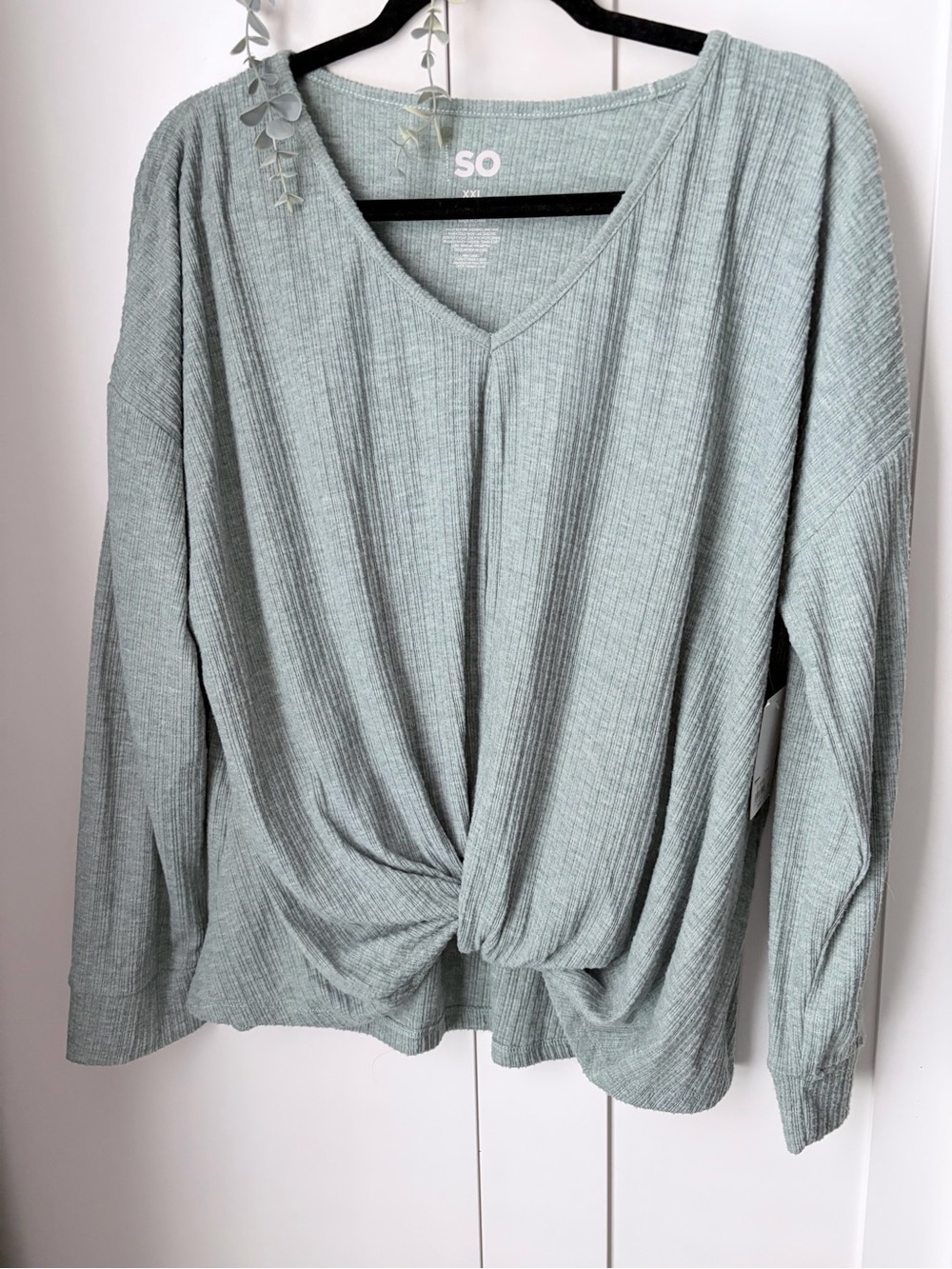 SO Sage Green Twist-Front V-Neck Long Sleeve Top